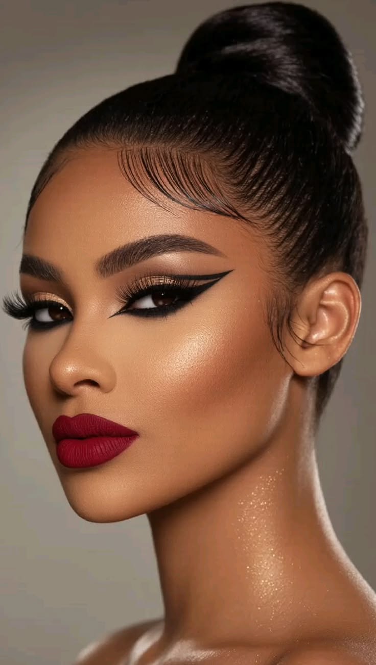 Black Glamour: High Bun & Matte Crimson Lips — Digital Art Print | Lauren Lens