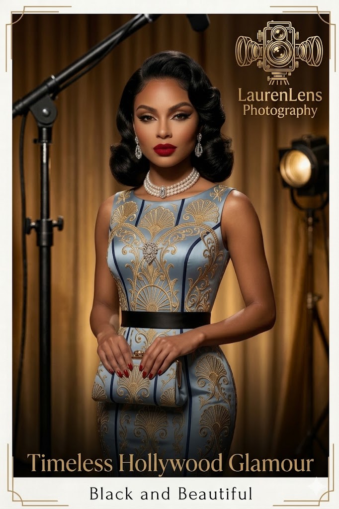 Timeless Hollywood Glamour — Art Deco Blue & Gold Sheath | Black and Beautiful Digital Art Print