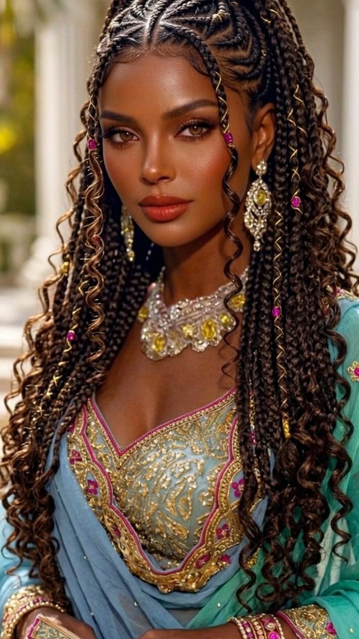 Regally Braided — Afro-Latina Glamour in Tiffany Blue & Gold | Digital Art Print