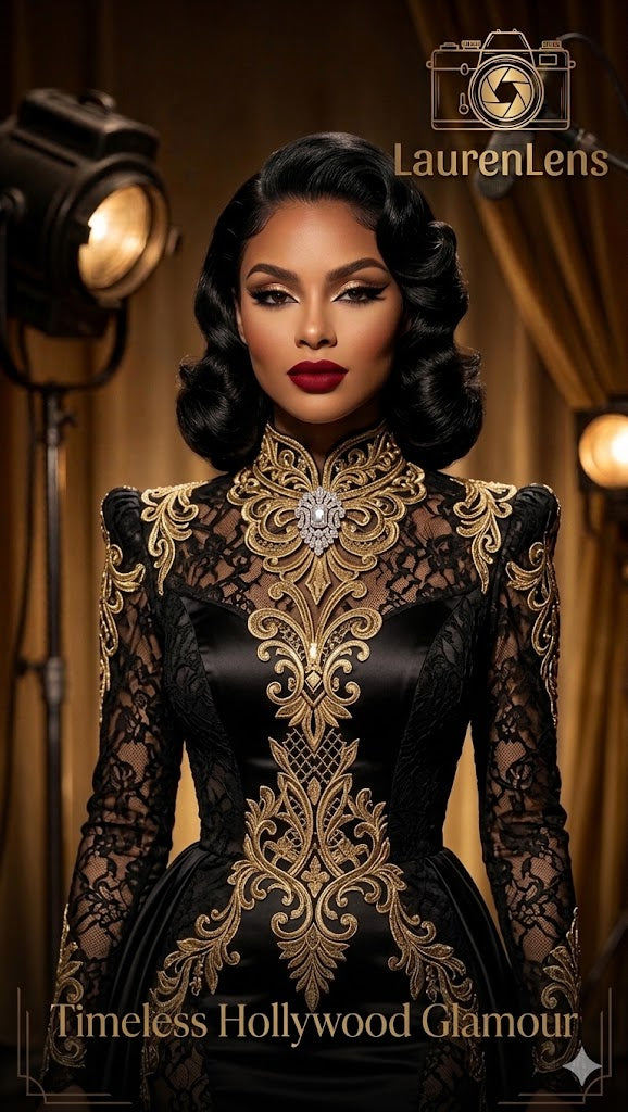 Timeless Hollywood Glamour — Black Lace & Gold Baroque | Old Hollywood Queen Digital Art Print