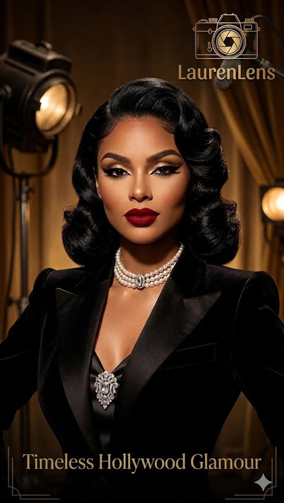 Black Velvet Queen — Red Lip & Pearl Glamour | Old Hollywood Power Portrait Digital Art Print