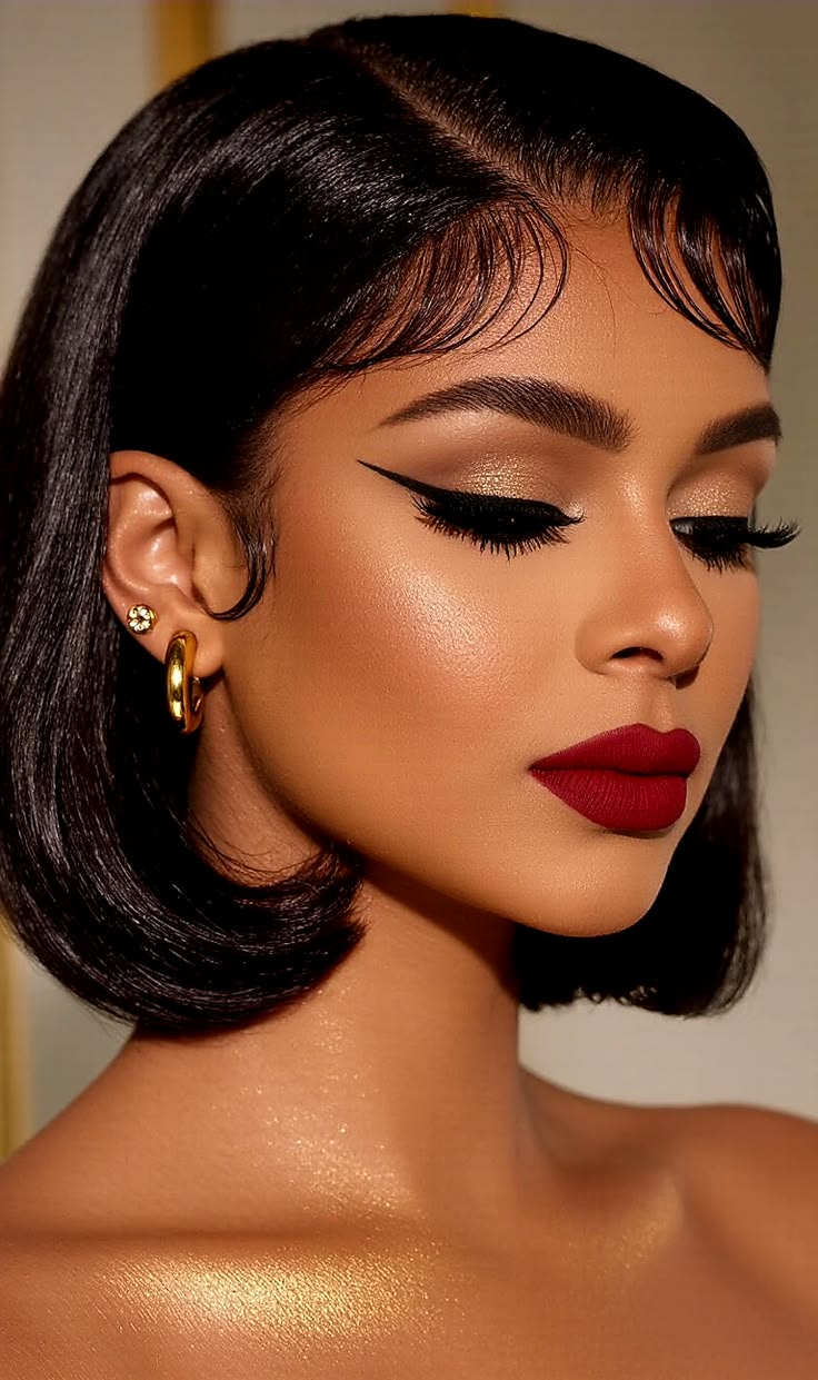 Vintage Glamour: Sleek Bob & Bold Crimson Lip — Digital Art Print | Lauren Lens